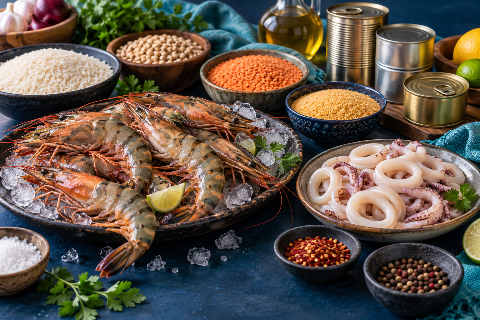 A spread of seafood, grains and pantry ingredients